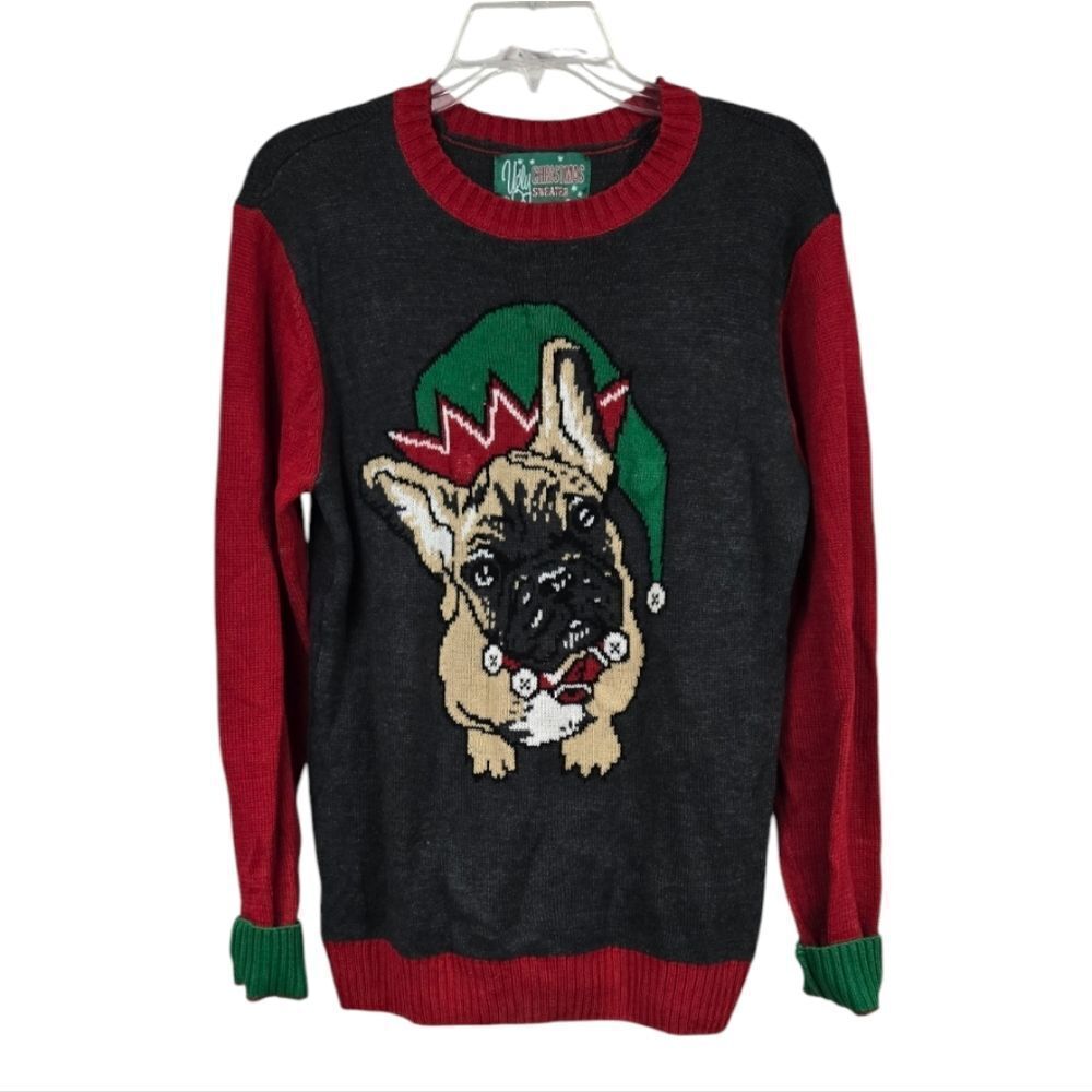 Ugly Christmas Sweater French Bull Dog Elf Pullover Motion LED Light Knit Unisex